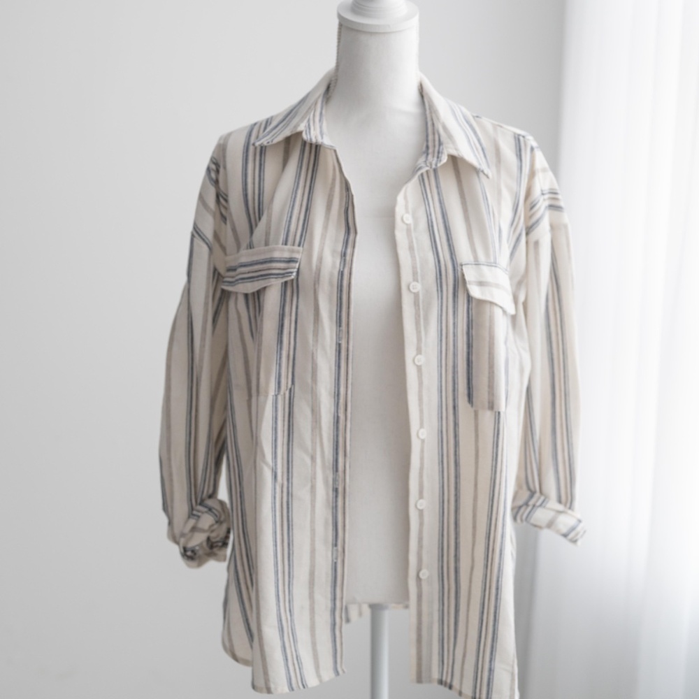 Ivory Striped Front Pocket Button Up Top